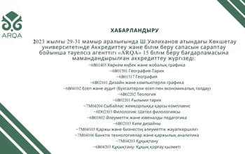 2023 жылғы 29-31 мамыр аралығында Ш.Уәлиханов атындағы Көкшетау университетінде Аккредиттеу және білім беру сапасын сараптау бойынша тәуелсіз агенттігі «ARQA» 15 білім беру бағдарламасына мамандандырылған аккредиттеу жүргізеді